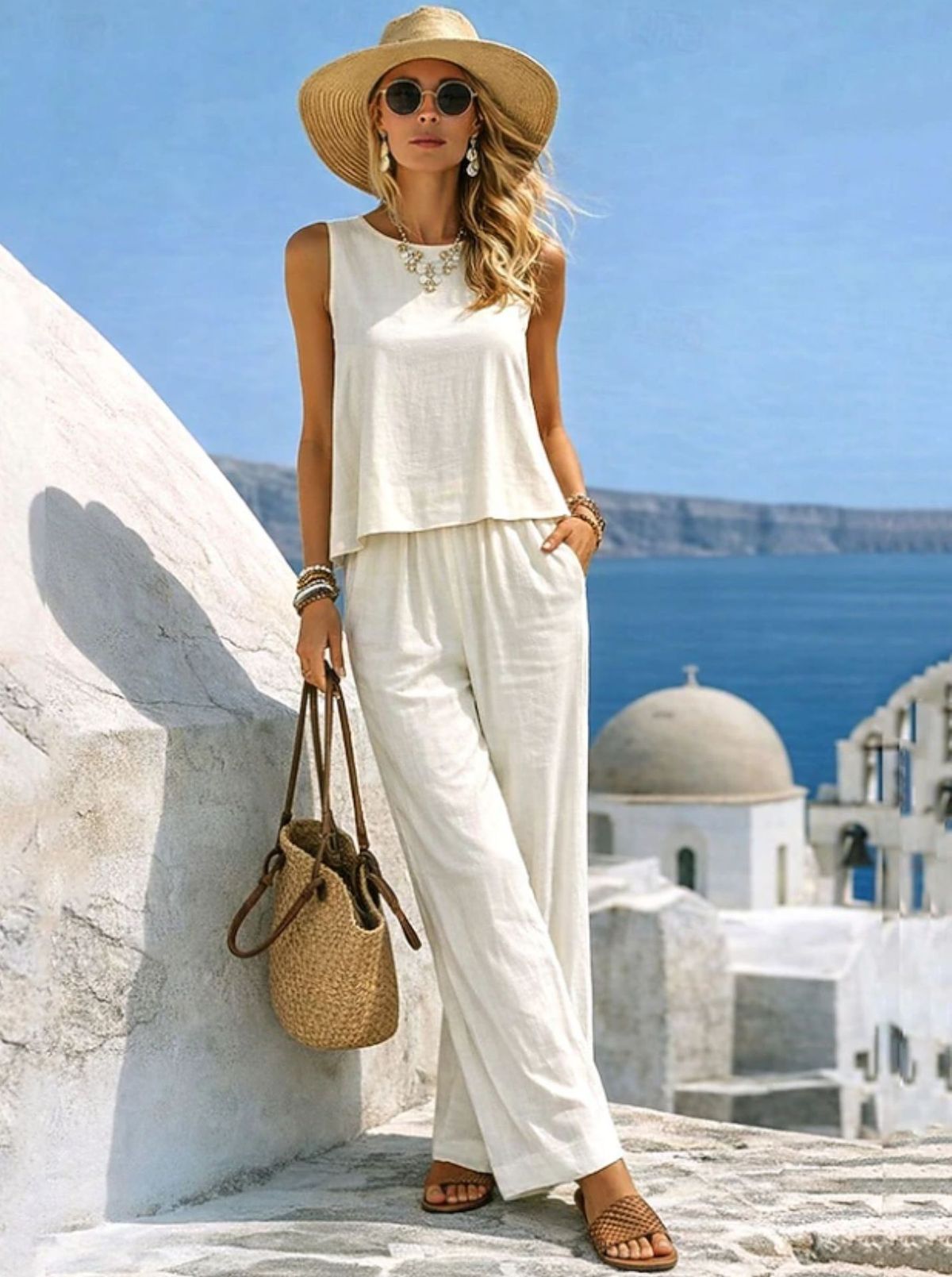 Women's Casual Cotton Linen Vest And Pants Set Sleeveless Round Neck Solid Color Fashionable New_ecoleips.com
