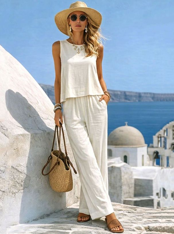 Women's Casual Cotton Linen Vest And Pants Set Sleeveless Round Neck Solid Color Fashionable New_ecoleips.com
