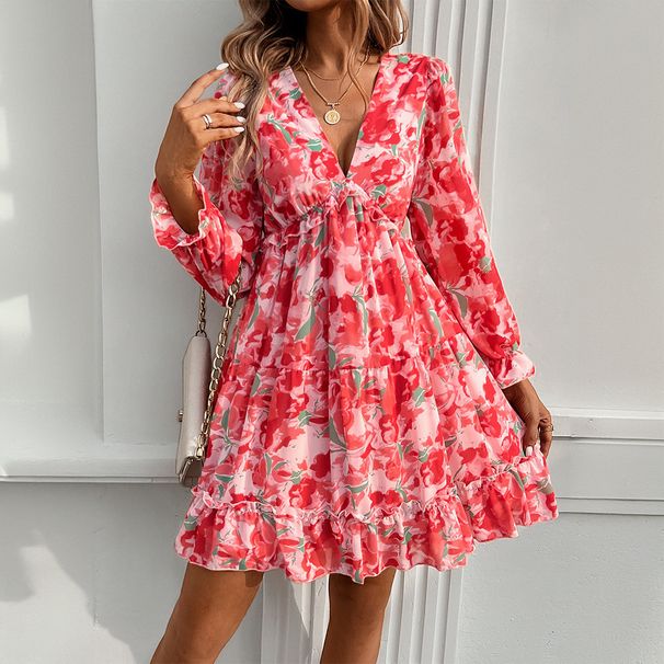 DiYun Women's Clothing 2024 Spring/Summer Elegant Contrasting Color Print V-Neck Long Sleeve Dress_ecoleips.com