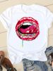 European And American Cross-border Foreign Trade Women's Clothing, Sexy Lips Print Round-neck Short-sleeve T-shirt Top_ecoleips.com