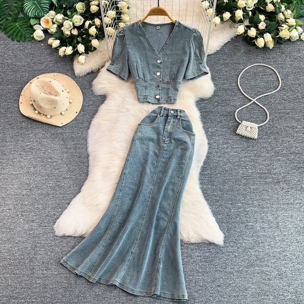 Fashionable V-Neck Bubble Sleeve Blouse With High-Waisted Denim Mermaid Skirt Set - Elegant Two-Piece Outfit For Women_ecoleips.com