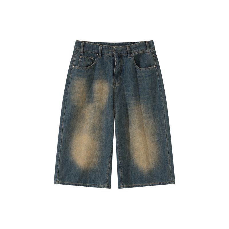 Women's American Retro Distressed Blue Cropped Jeans Summer Thin Loose Fit Mid-Length Over The Knee Wide Leg Shorts_ecoleips.com