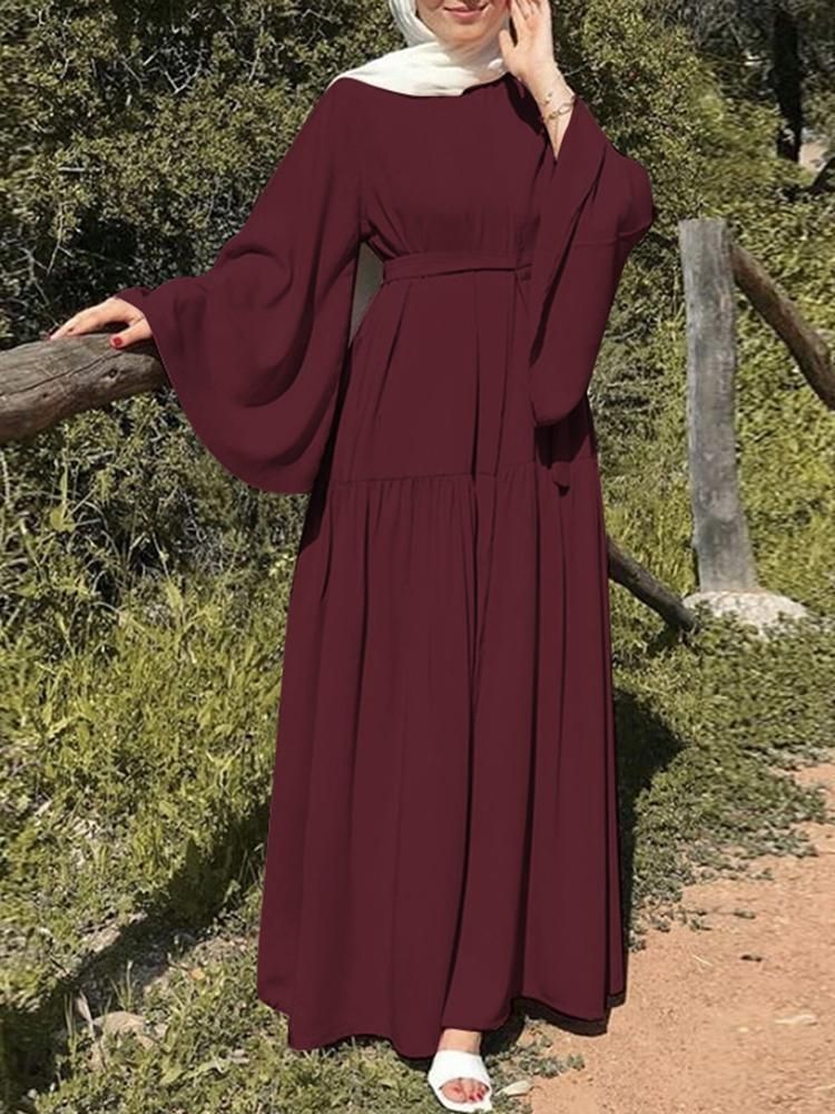 Elegant Muslim Maxi Dress With Bell Sleeves & Waist Tie – Modest Long Dress For Work, Travel & Prayer (S-Xxl, Breathable Polyester, 4 Colors)_ecoleips.com