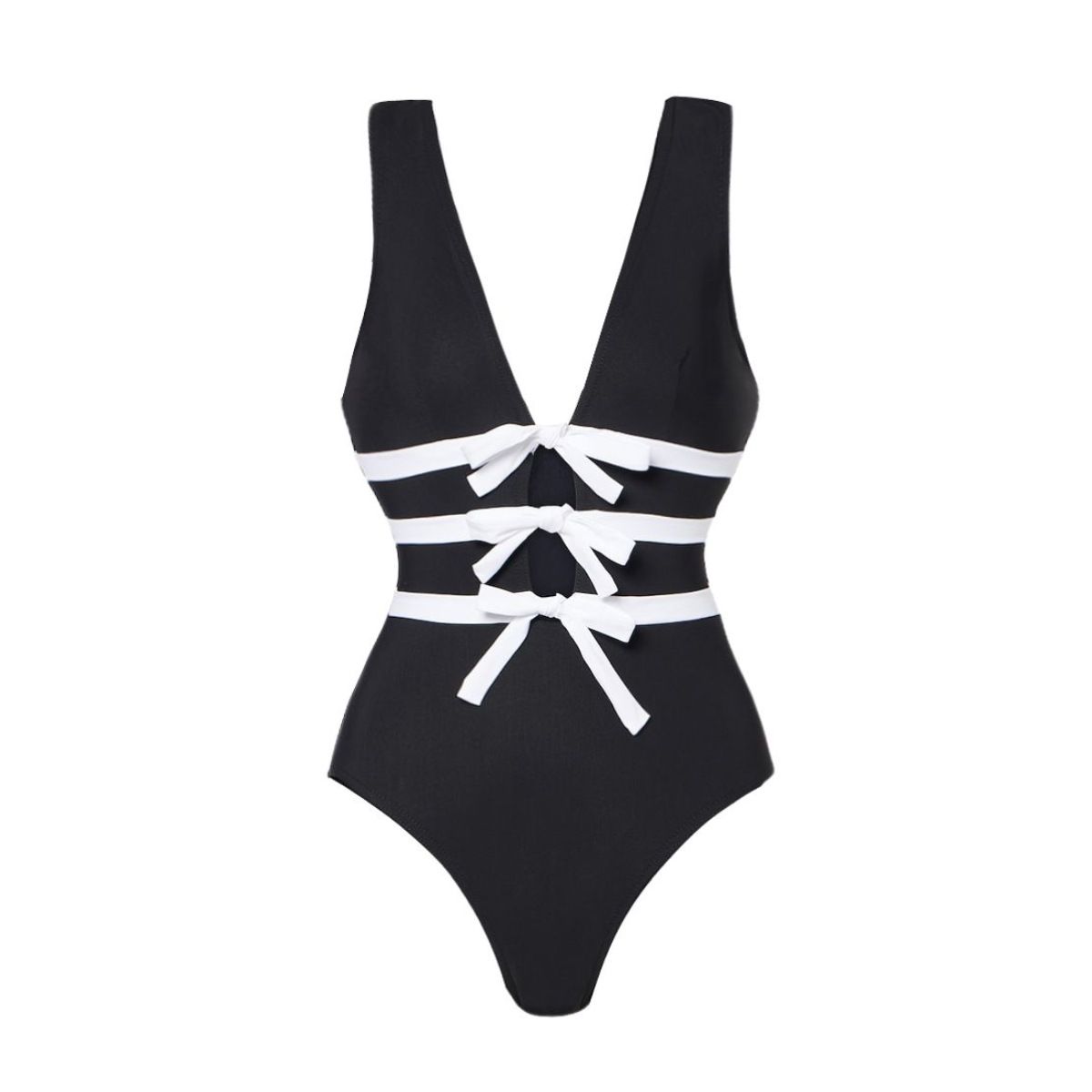 European And American Swimwear New V-neck Bow Hollow Black And White One-piece Swimsuit Suit Women's Cross-border_ecoleips.com