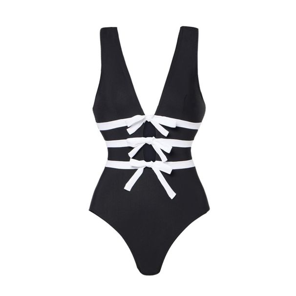 European And American Swimwear New V-neck Bow Hollow Black And White One-piece Swimsuit Suit Women's Cross-border_ecoleips.com