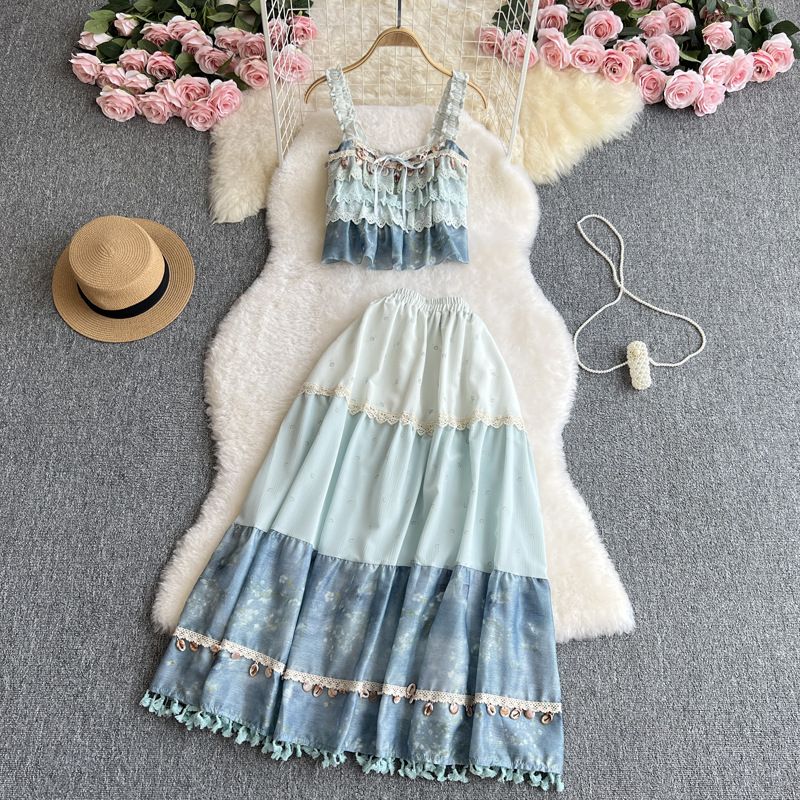 Women's Clothing Sweet Holiday Style Lace Splicing Cake Camisole Suit High Waist Skirt Design Long Skirt_ecoleips.com