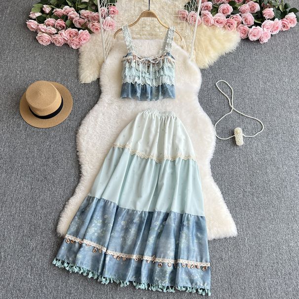 Women's Clothing Sweet Holiday Style Lace Splicing Cake Camisole Suit High Waist Skirt Design Long Skirt_ecoleips.com