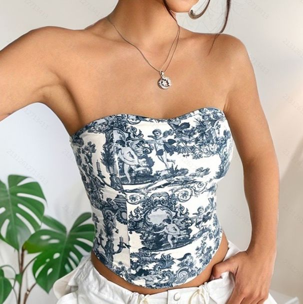 Aria Basics Aria Basics 2024 Summer Casual Versatile Cross-Border Women's Clothing: Printed, Elegant Cut, Sleeveless, Strapless Top, European_ecoleips.com