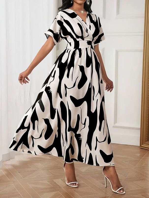Women's Clothing Fashion Digital Printing V Neck Waist Elegant Temperament Women's Dress_ecoleips.com