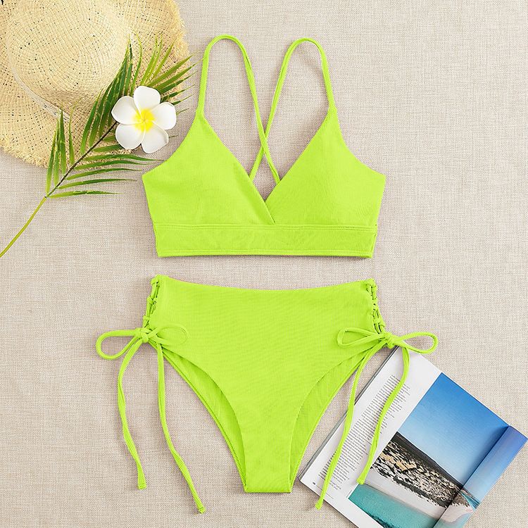 Women's Clothing Sexy Swimsuit Solid Color V Neck Bikini High Waist Strap Split Multi Color Swimsuit_ecoleips.com