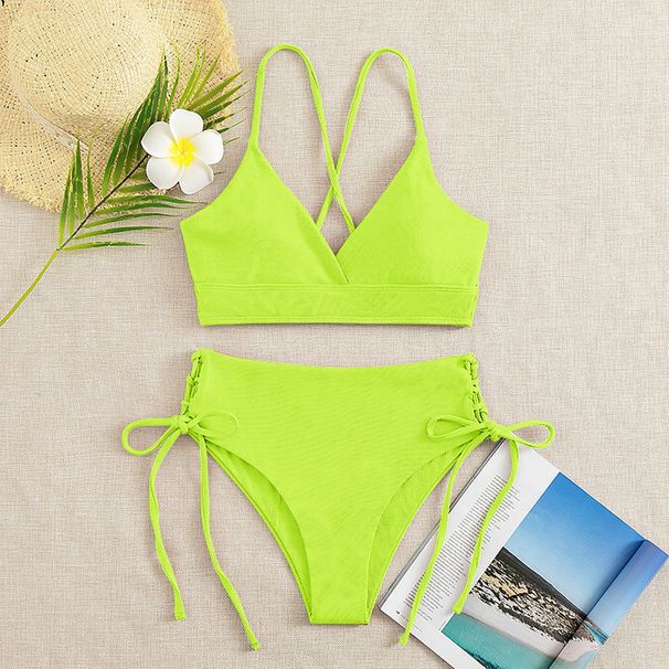 Women's Clothing Sexy Swimsuit Solid Color V Neck Bikini High Waist Strap Split Multi Color Swimsuit_ecoleips.com