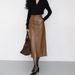 High Waist Genuine Leather Midi Skirt For Women A-Line Front Slit Elastic Back Elegant French Elegance Sheepskin_ecoleips.com