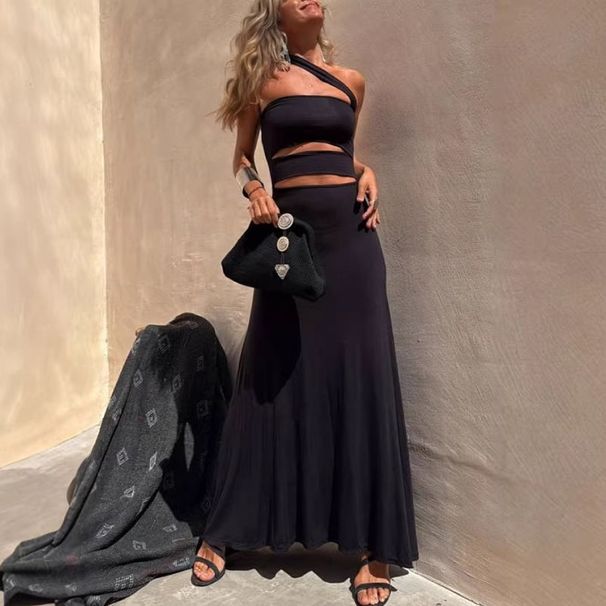 Spring Solid High Waist A-Line Dress Bohemian Sexy Strapless Bandage Hollow Long Dress Womens Summer Sleeveless Party Maxi Dress_ecoleips.com