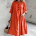 Women's Clothing Women's V Neck Dress Mid-Length Loose Version Cotton Linen Blend Half Sleeve Three Button Pocket Detail Style_ecoleips.com