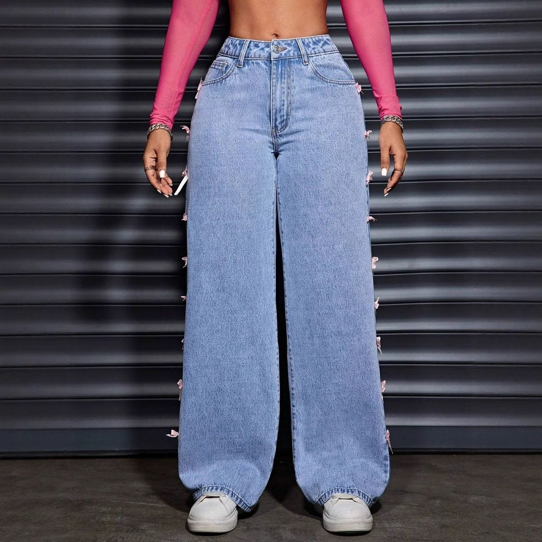 Women's High Waist Wide Leg Jeans - Vintage Washed Butterfly Embroidered Straight Denim Pants_ecoleips.com