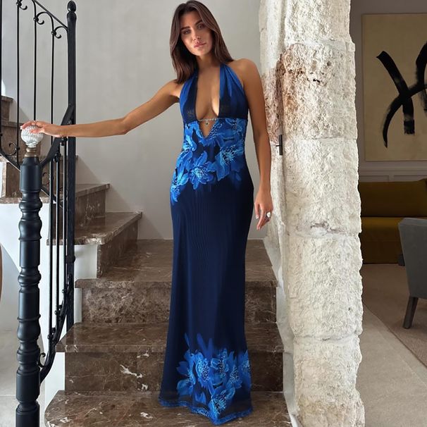 Women's Clothing 2025 Summer New Fashion Sexy Printed Backless Slit Slim Fit Tie Dress Wholesale_ecoleips.com