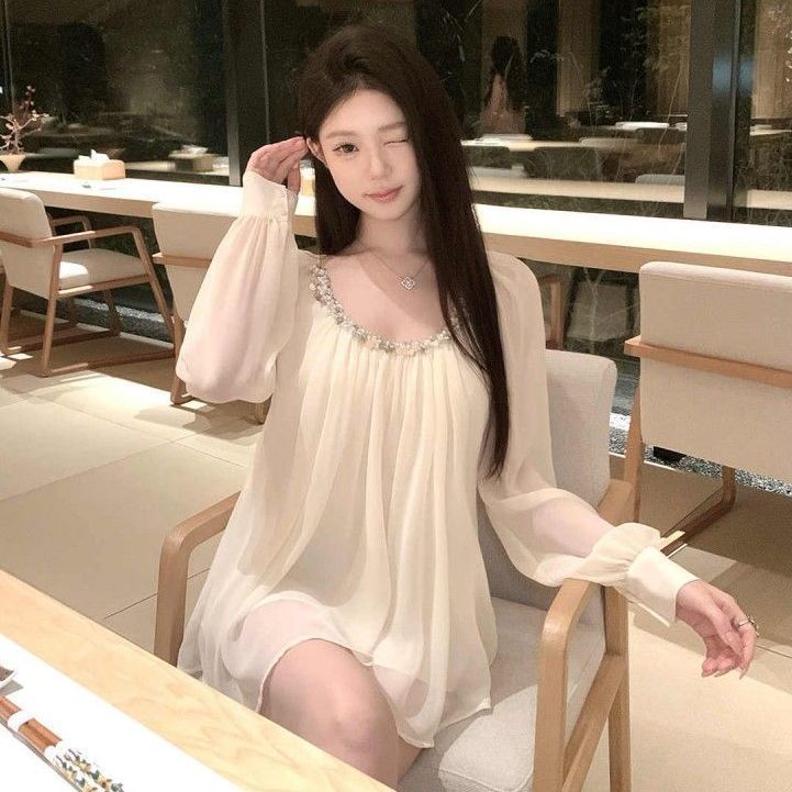 French-style Patchwork Long-sleeve Heavy-duty Pearl Sequin Ruched Backless Gentle Loose Chiffon Shirt With Ties, Pure_ecoleips.com