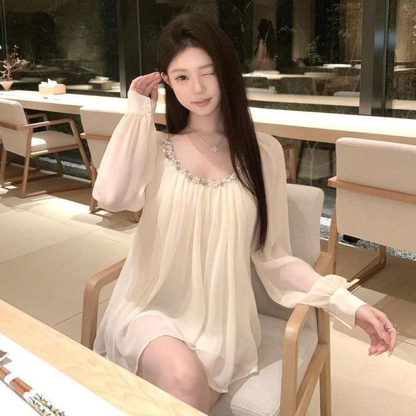 French-style Patchwork Long-sleeve Heavy-duty Pearl Sequin Ruched Backless Gentle Loose Chiffon Shirt With Ties, Pure_ecoleips.com
