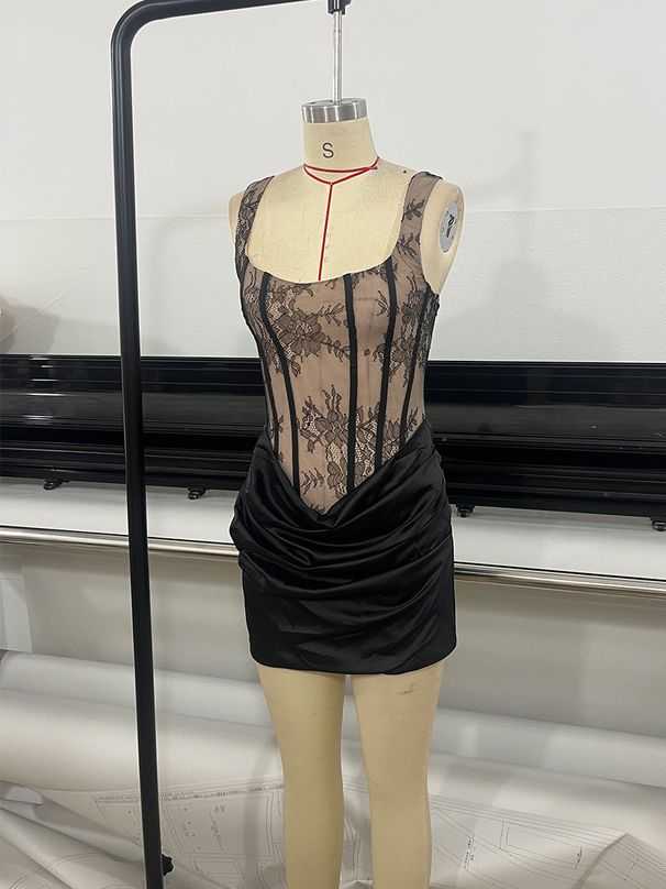 European American Style Women's Sexy Lace Slip Dress Slim Fit Bodycon Pleated Banquet High End Dress_ecoleips.com