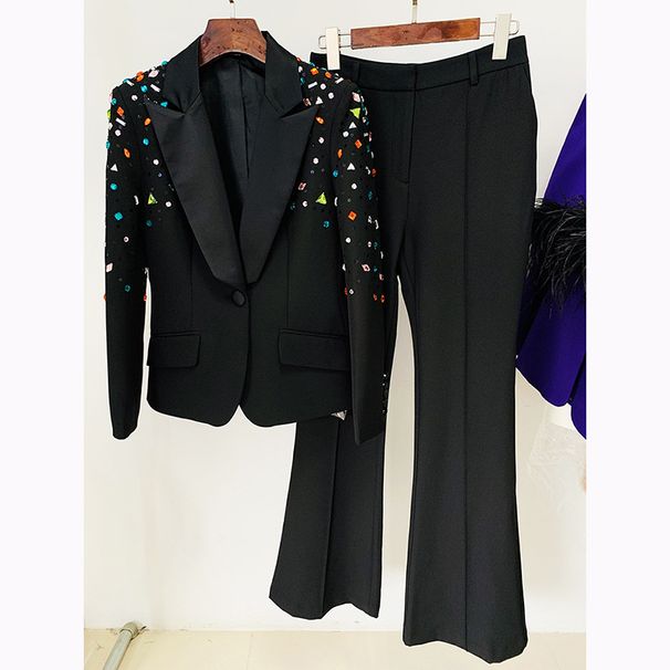 Women's Clothing Fashion New Heavy Duty Nail Beads Diamond Slim Fit Suit Jacket Flared Trousers Suit Two Pieces_ecoleips.com