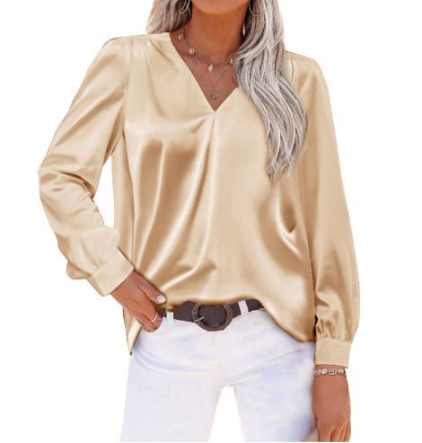 Women's Satin Pleated Long-Sleeved Shirt With V-Neck Design, Casual And Relaxed Fit, Suitable For Work Or Office Setting_ecoleips.com