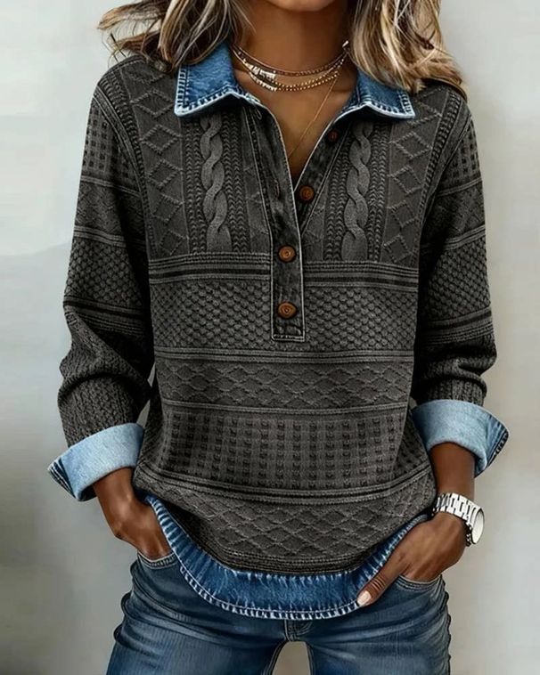 Women's 3D Print Color Block Denim Knit Sweater Long Sleeve Lapel Pullover Loose Fit European American Style Top_ecoleips.com