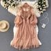 Heavy Industry 3D Floral Mesh Elegant Stand Collar Lantern Sleeve High Waist Slim Fit Two Piece Fairy Dress For Women_ecoleips.com