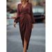 Women's Elegant Neck Pleated Split Puff Sleeve Long Dress Irregular Style For Special Occasions_ecoleips.com