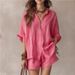 Summer Solid Color Women's Loose Fitting Button down Shirt And Shorts Set Fashion Casual plus Size Clothing_ecoleips.com