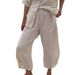 Women's Independent Station Casual Straight Leg Capri Pants Linen Pocket Bottoms_ecoleips.com