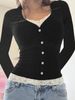 Fashionable Versatile Long-sleeve V-neck Buttoned Ribbed Lace Spliced Two-piece Top T-shirt For Cross-border_ecoleips.com