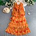Women's French Romantic Style Floral Print Dress round Neck Long Sleeve Slimming Elegant Fairy Chiffon Summer Cake Long Dress_ecoleips.com