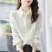 Women's Long Sleeve Polo Collar Blouse - Elegant Chiffon Shirt For Work & Casual (White, Spring)_ecoleips.com