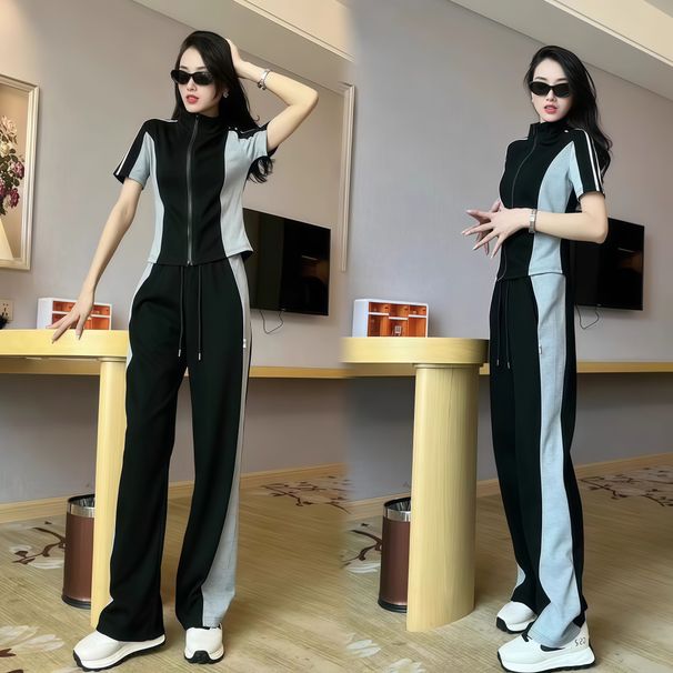 Summer 2025 New Casual Sports Color-Block Outfit Women, Stylish Zipper Short-Sleeve Wide-Leg Pants Slimming Two-Piece_ecoleips.com