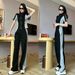 Summer 2025 New Casual Sports Color-Block Outfit Women, Stylish Zipper Short-Sleeve Wide-Leg Pants Slimming Two-Piece_ecoleips.com