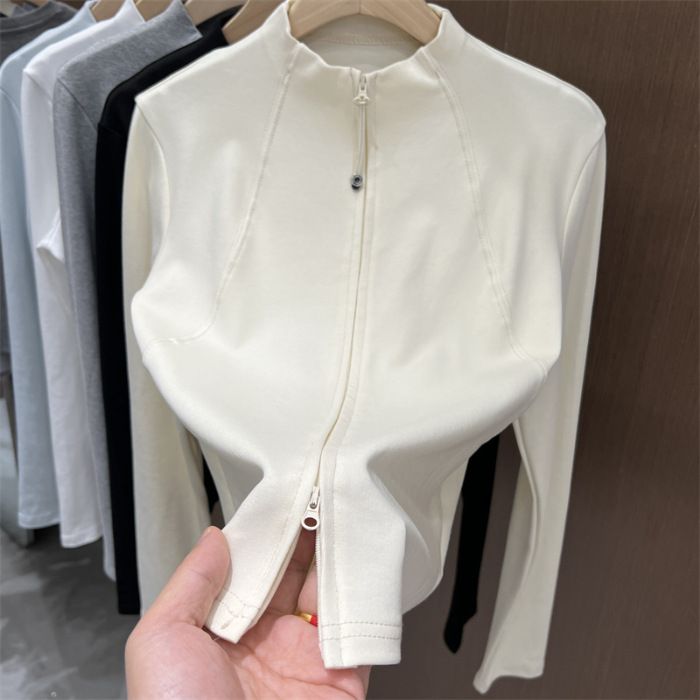 Fashionable Stand Collar Long Sleeve Zip-Up Tunic Top For Women – Slim Fit Casual Blouse With Dual Zipper Design_ecoleips.com