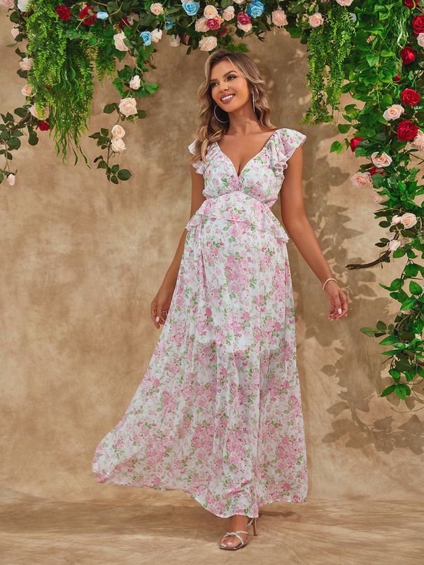 European And American Women's Fashion Cross-Border New Sexy Floral Backless Deep V-Neck Maternity Dress_ecoleips.com