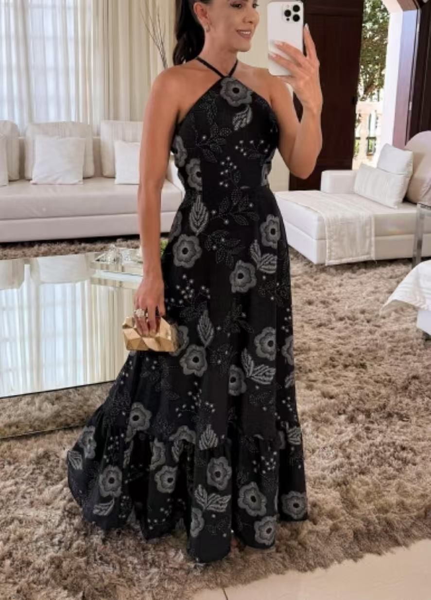 Summer New Fashion Sexy Printed Long Dress For Women Halter Neck Tie_ecoleips.com
