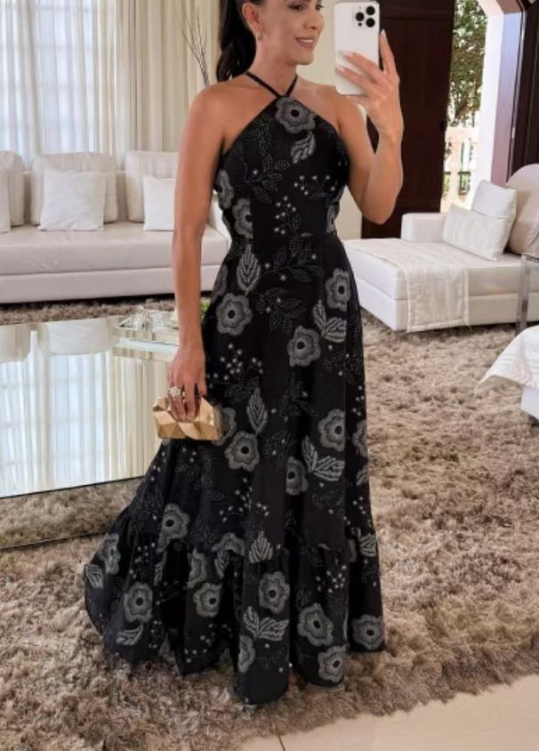 Summer New Fashion Sexy Printed Long Dress For Women Halter Neck Tie_ecoleips.com