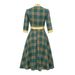 Autumn/Winter Grid-Print High-Collared Green Dress With Seven-Quarter Sleeves, Ribbon-Strapped And Butterfly-Button Deta_ecoleips.com