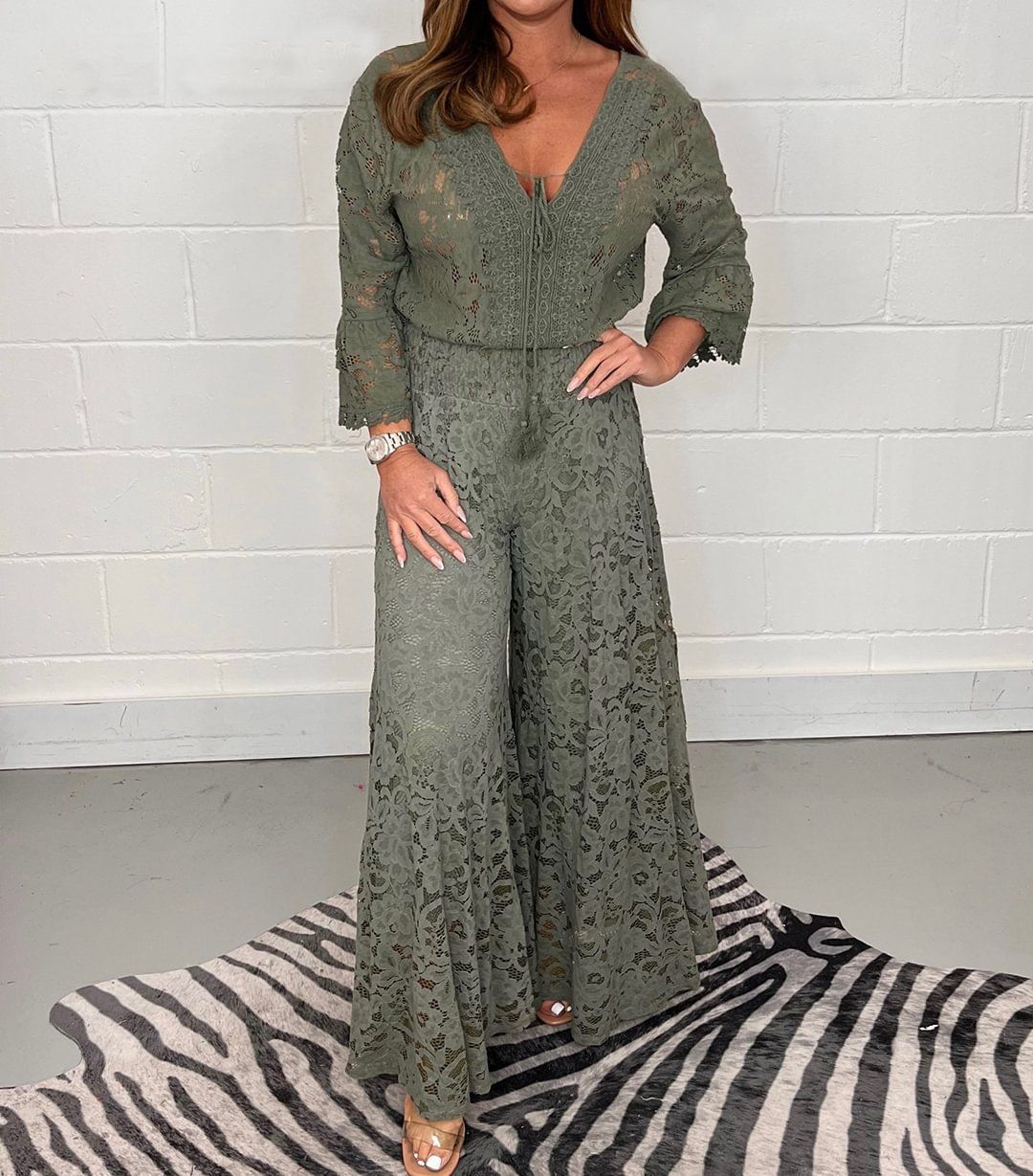 Women's Clothing Spring New Fashion Suit Solid Color Lace Embroidery Top High Waist Straight Pants Two Piece Suit_ecoleips.com