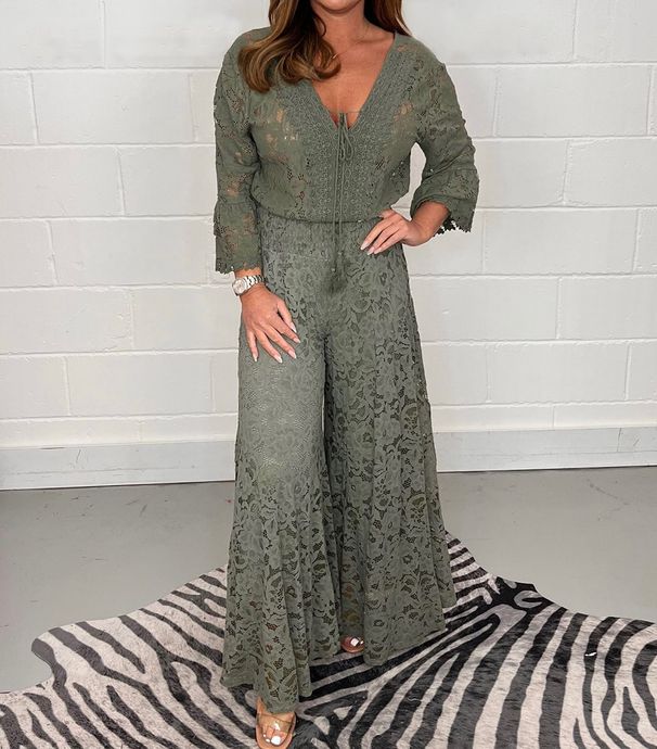 Women's Clothing Spring New Fashion Suit Solid Color Lace Embroidery Top High Waist Straight Pants Two Piece Suit_ecoleips.com
