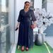 Elegant Plus Size V-Neck Pleated Maxi Dress Chiffon Flowy A-Line Dress With 3/4 Sleeves, High Waist & Zip Detail ( L-3XL,Polyester)_ecoleips.com