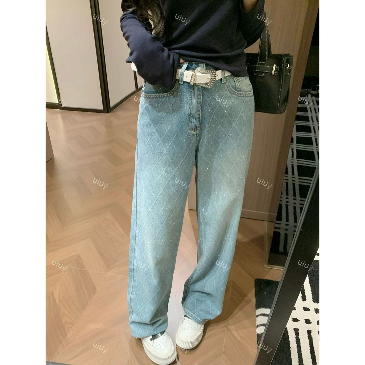 American Style High-Waisted Rhinestone Straight Wide Leg Jeans For Women Loose Fit Slimming Versatile Denim Spring 2026 New_ecoleips.com