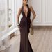 Elegant Halter Neck Sleeveless Backless Long Dress For Women Solid Color Sexy Deep V_ecoleips.com