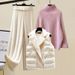 Plus Size Women's Winter Outfit Set - Cozy Knit Sweater, Cotton Vest & Wide Leg Pants (3-Piece)_ecoleips.com
