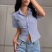 Women's V-Neck Stripe Short Sleeve Shirt Summer Casual Stretch Polyester Spandex Blouse Comfortable Breathable Tops for Office Daily Wear_ecoleips.com