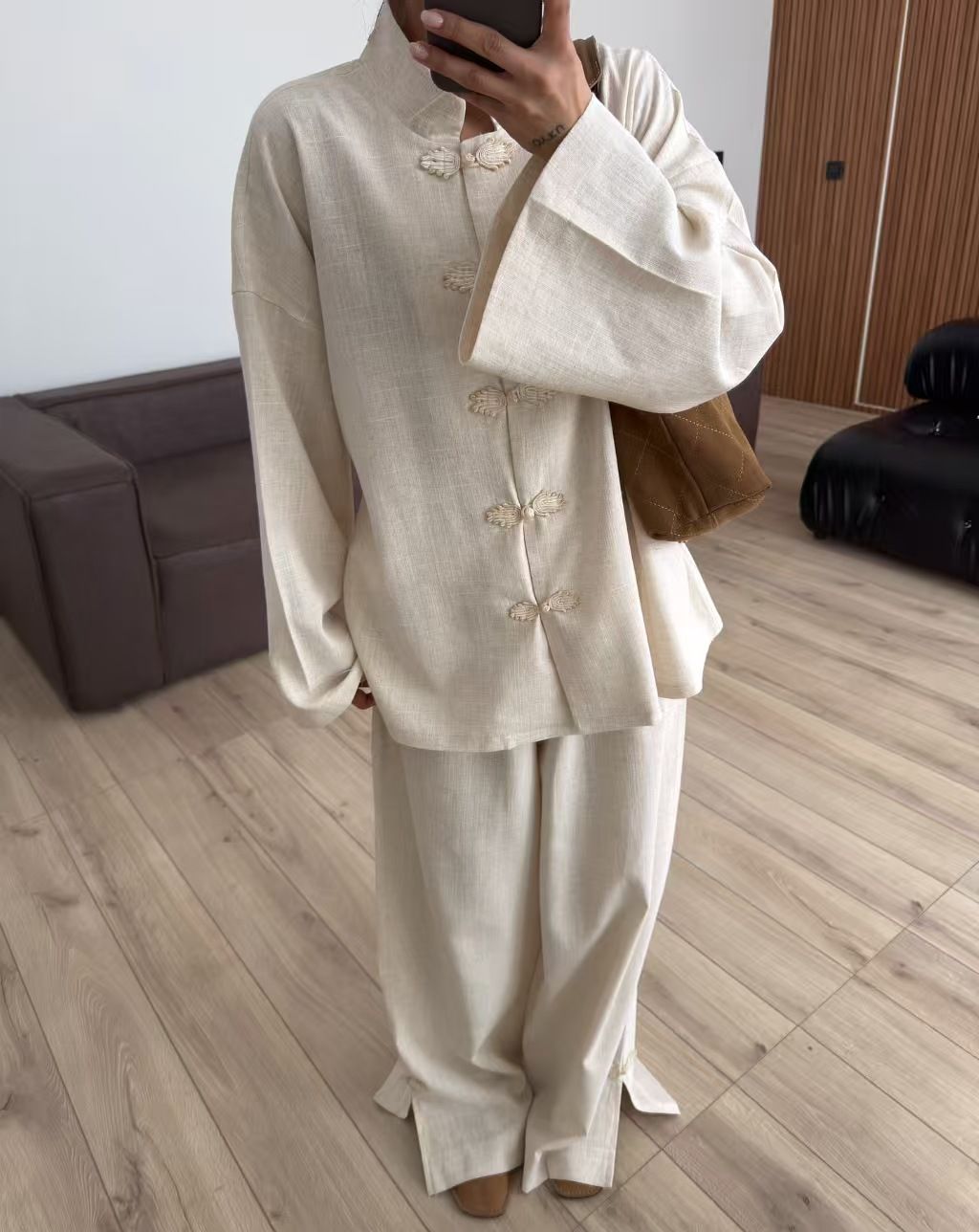 Modern Linen Shirt Set – Mandarin Collar & Frog Buttons With Relaxed Wide-Leg Pants (Ivory, S-Xxl) Frog Button Closure_ecoleips.com