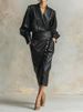 Freeavy Women's PU Leather Long Sleeves Dres V-neck High Waist A-line Pleated Midi Dress 2025 Fall Stylish Trench Coats_ecoleips.com
