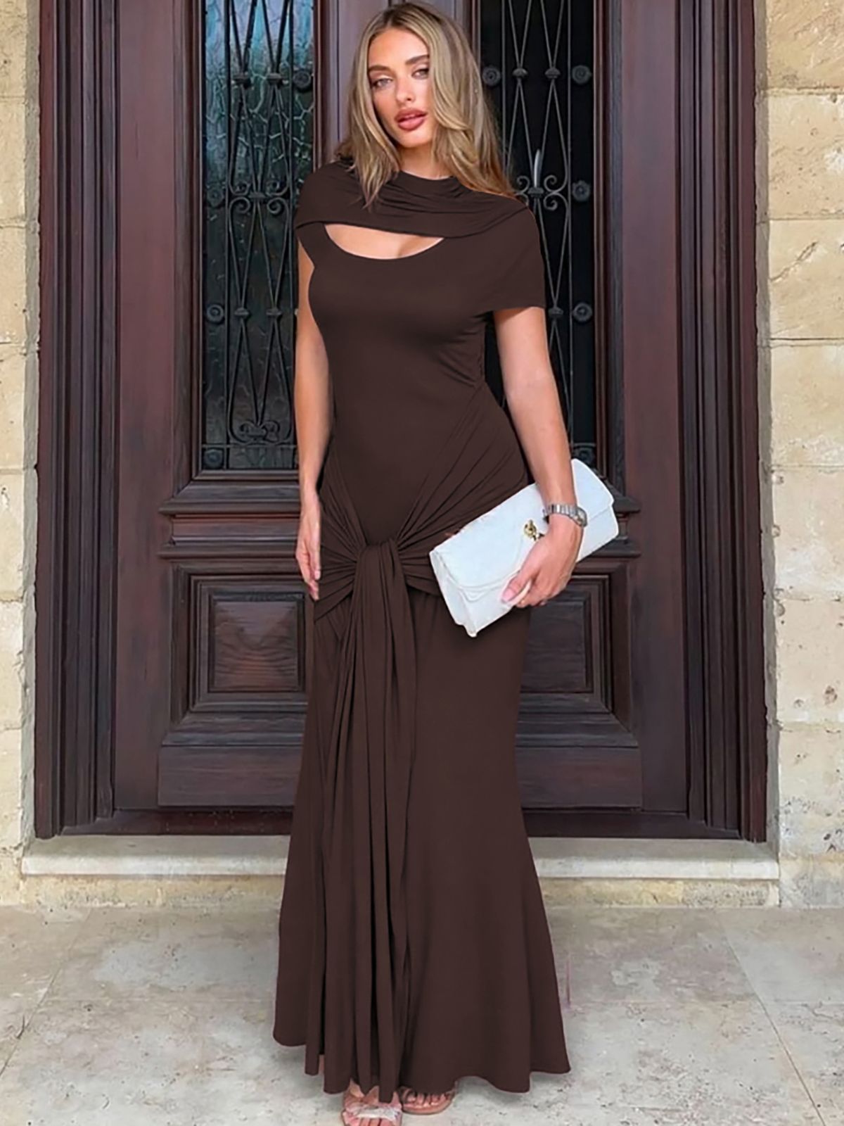 Hugcitar Elegant Turtleneck Solid Ruched Short Sleeve Hole Sexy Bandage Gown Maxi Dress Summer Vacation Clothings Party Club_ecoleips.com